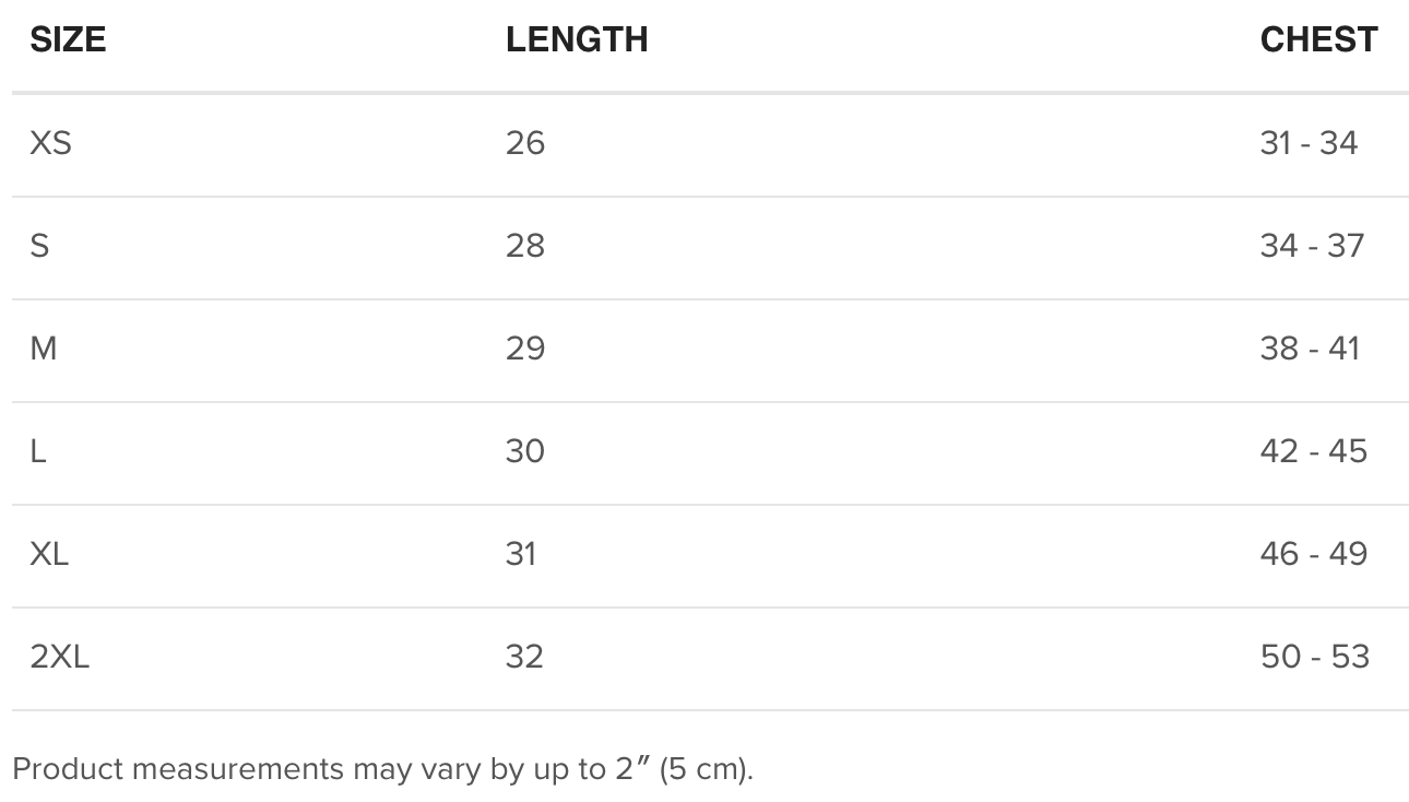 Size chart for woman's Nuke's Top 5 baseball tee