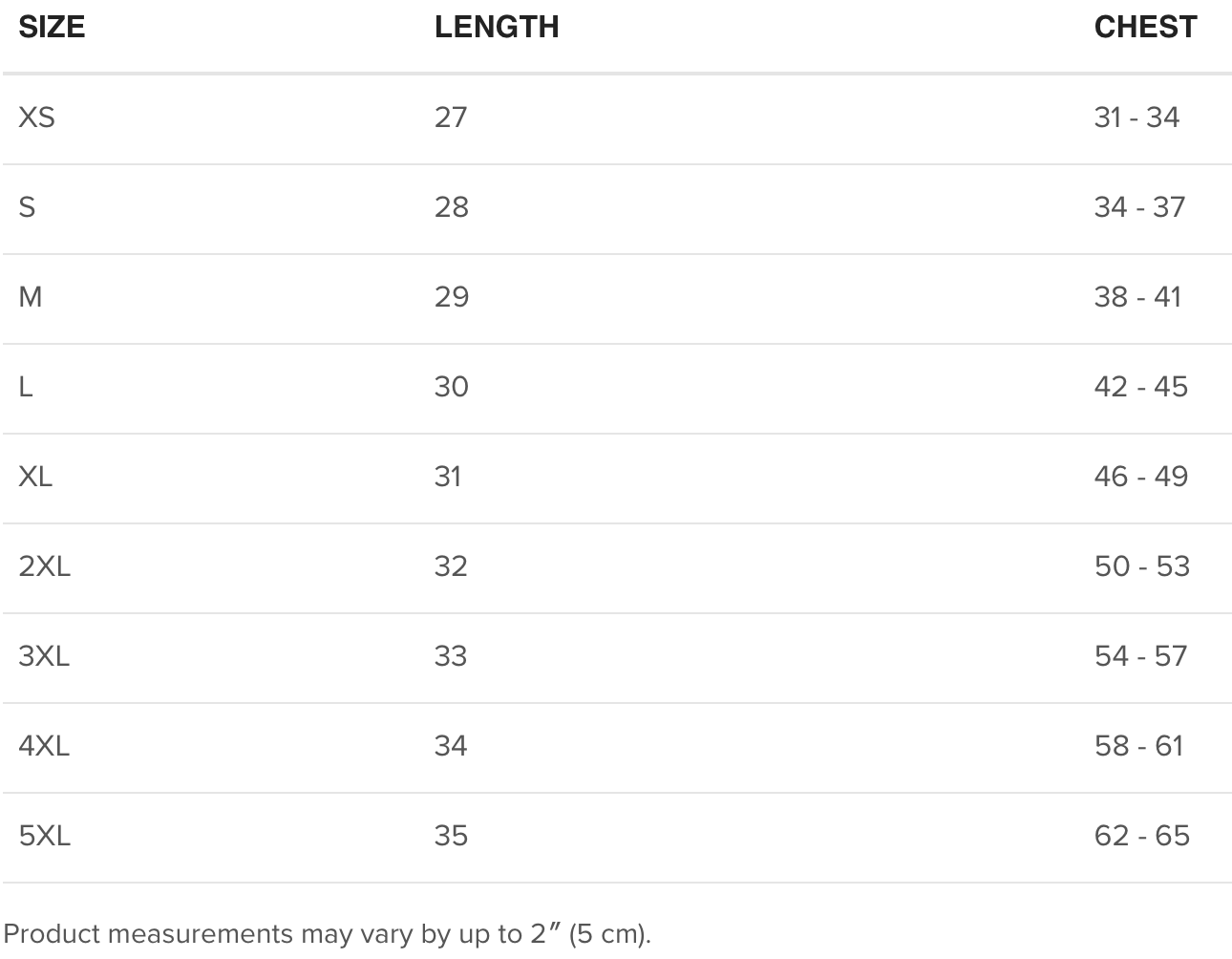 T-shirt size chart for Nuke's Top 5 clothes