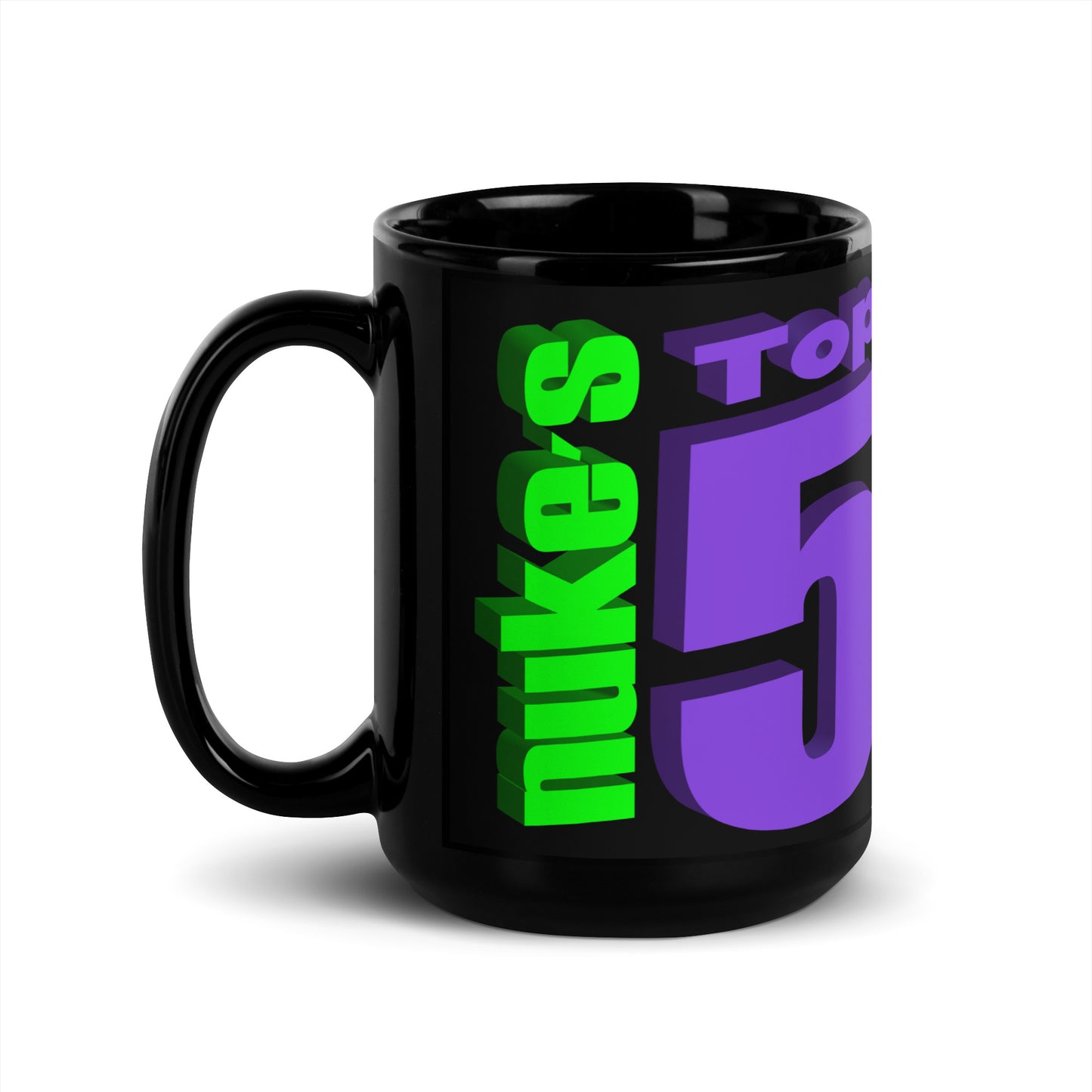 Front side of black mug with Nuke's Top 5 logo