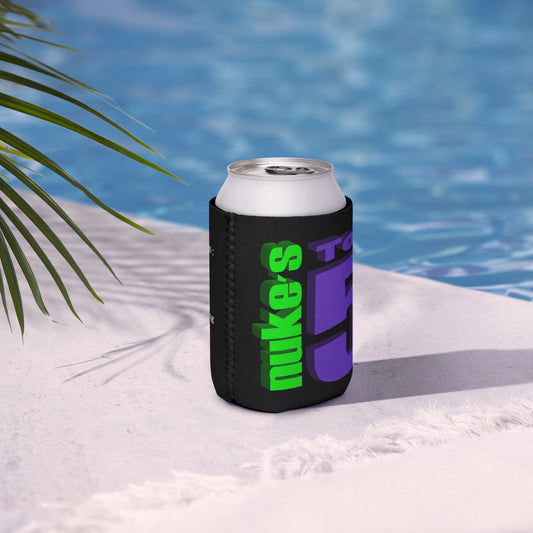 Can drink holder by a pool side in black with Nuke's Top 5 logo and check list printed on coozie