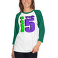 A woman wearing a Nuke's Top 5 logo green and white baseball tee