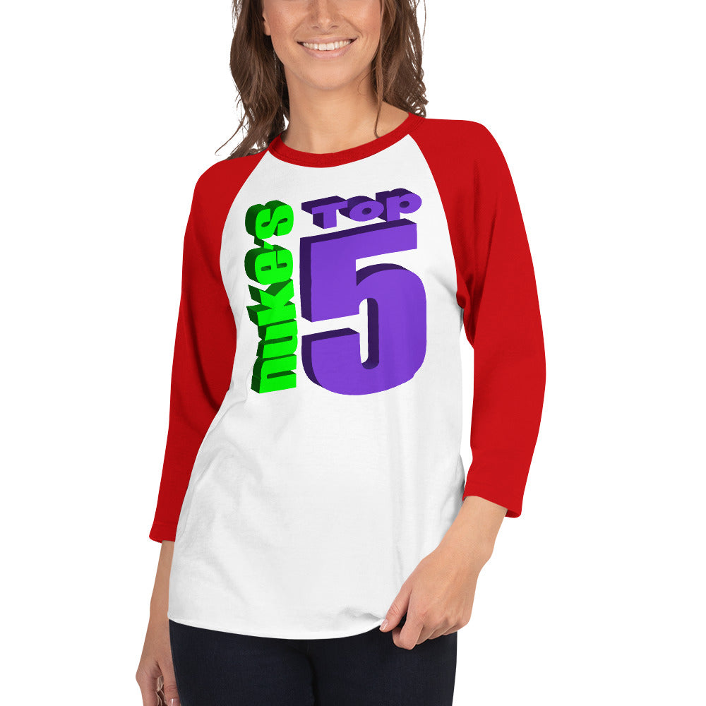 A woman wearing a Nuke's Top 5 logo red and white baseball tee