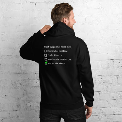 Person standing in front of brick wall wearing black hoodie with Nuke's Top 5 checklist on the back