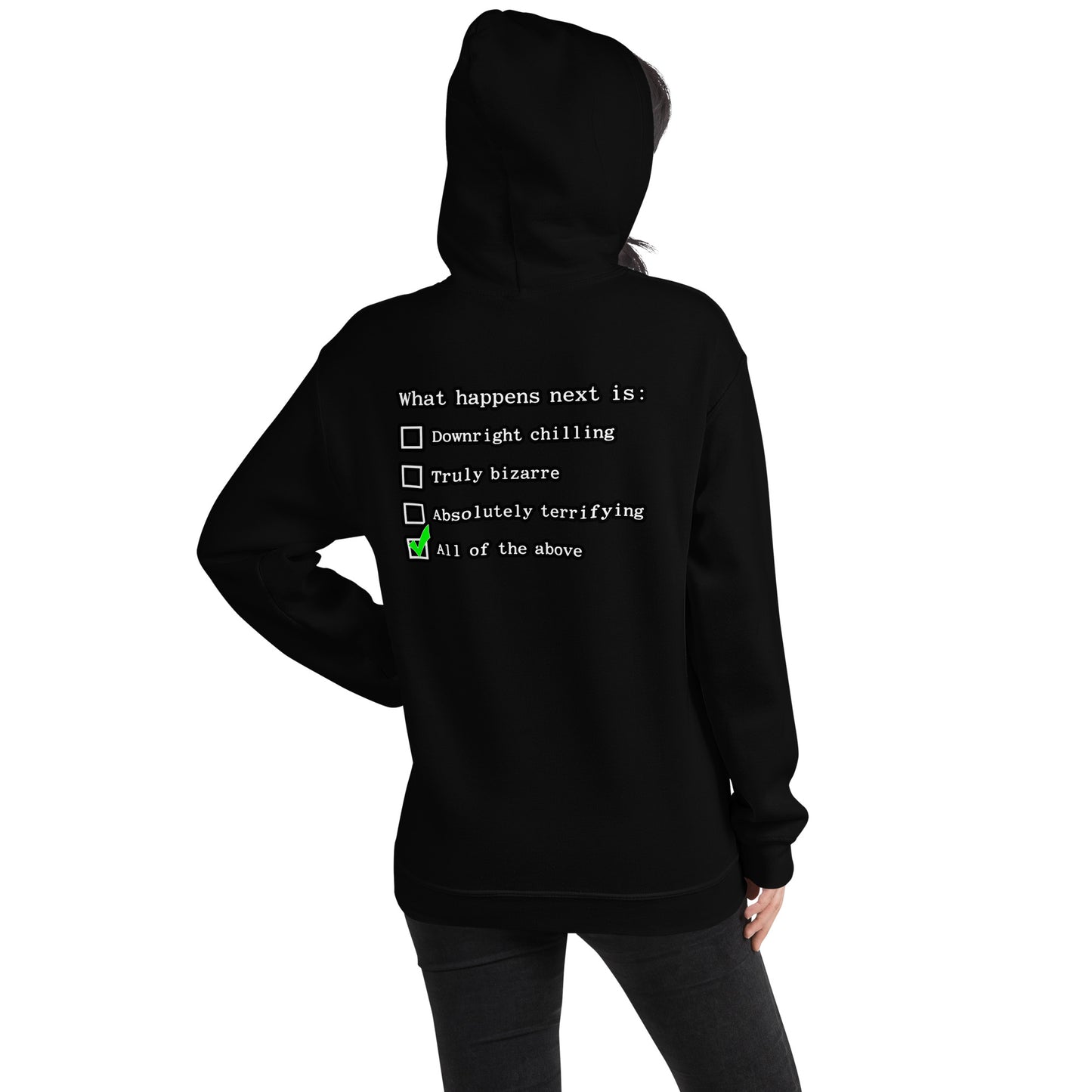 Woman wearing black Nuke's Top 5 hoodie with checklist on back