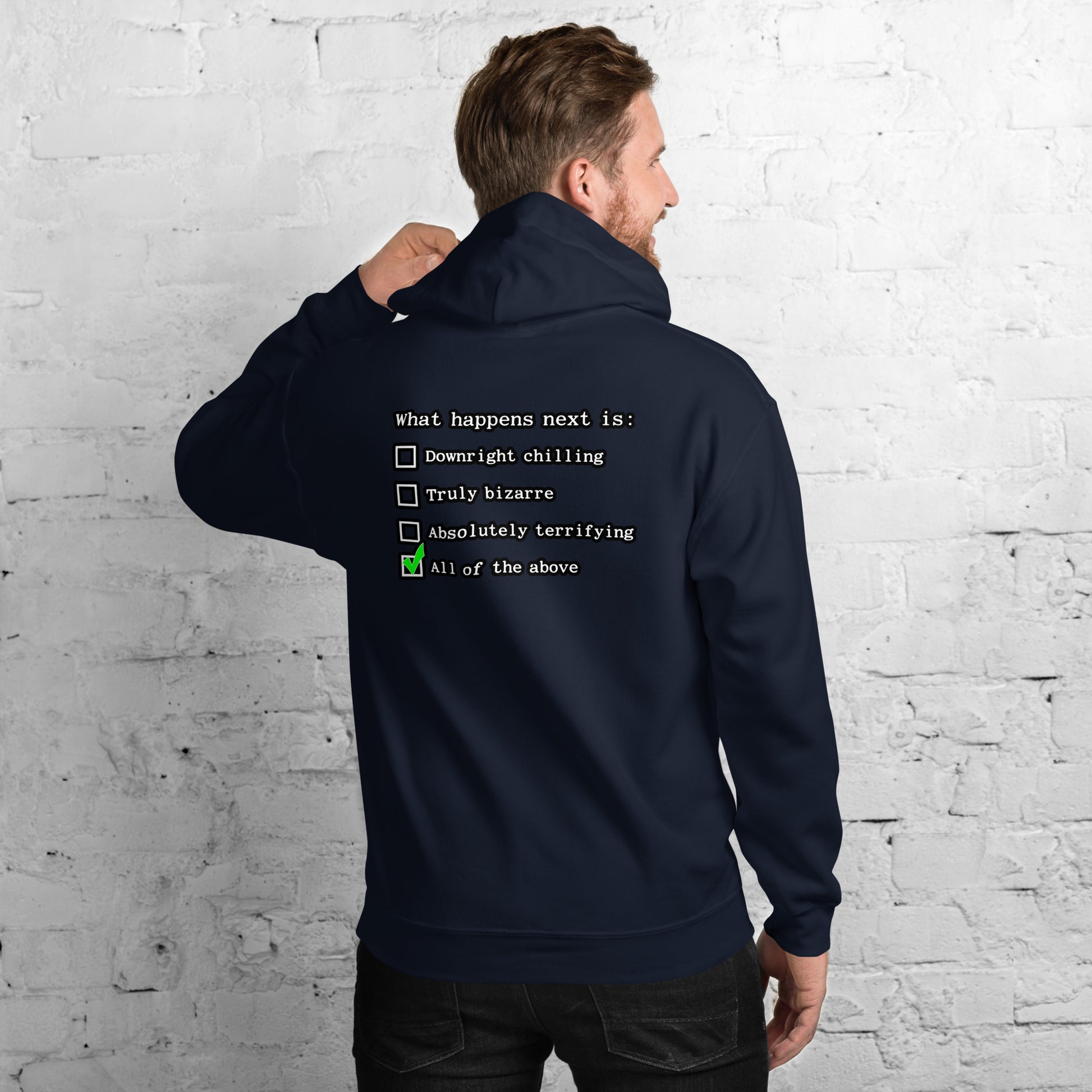 Unisex navy blue hoodie with Nuke's Top 5 logo on the front and checklist printed on the back