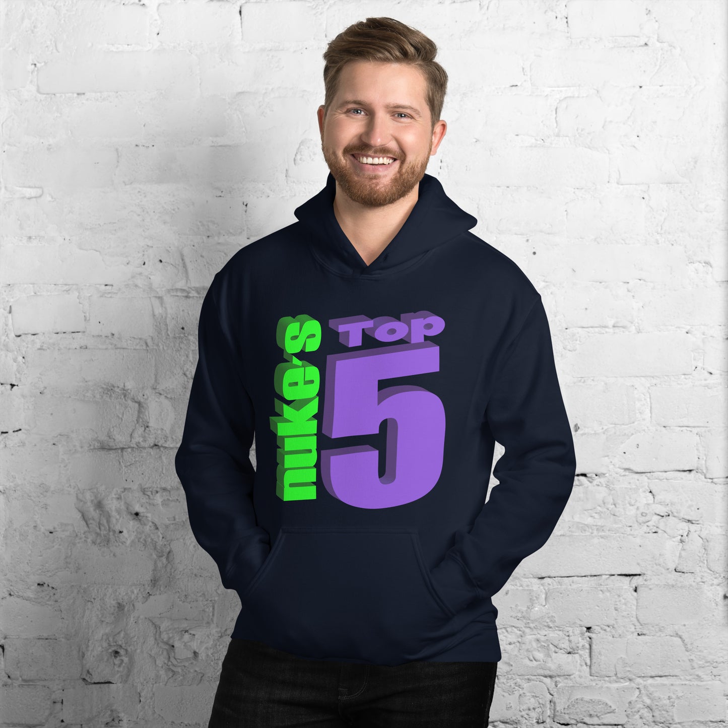 Unisex navy blue hoodie with Nuke's Top 5 logo on the front and checklist printed on the back