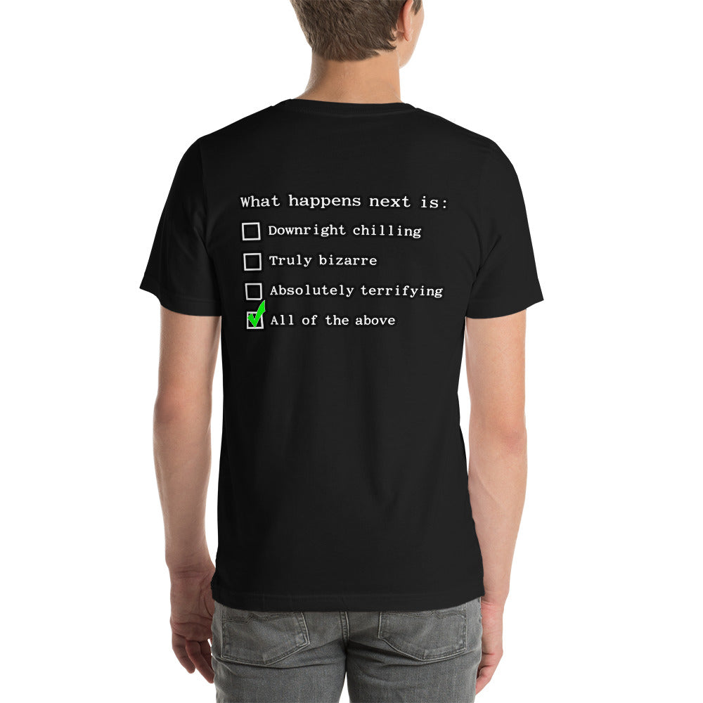 Person wearing black t-shirt with Nuke's Top 5 logo on front and checklist on back