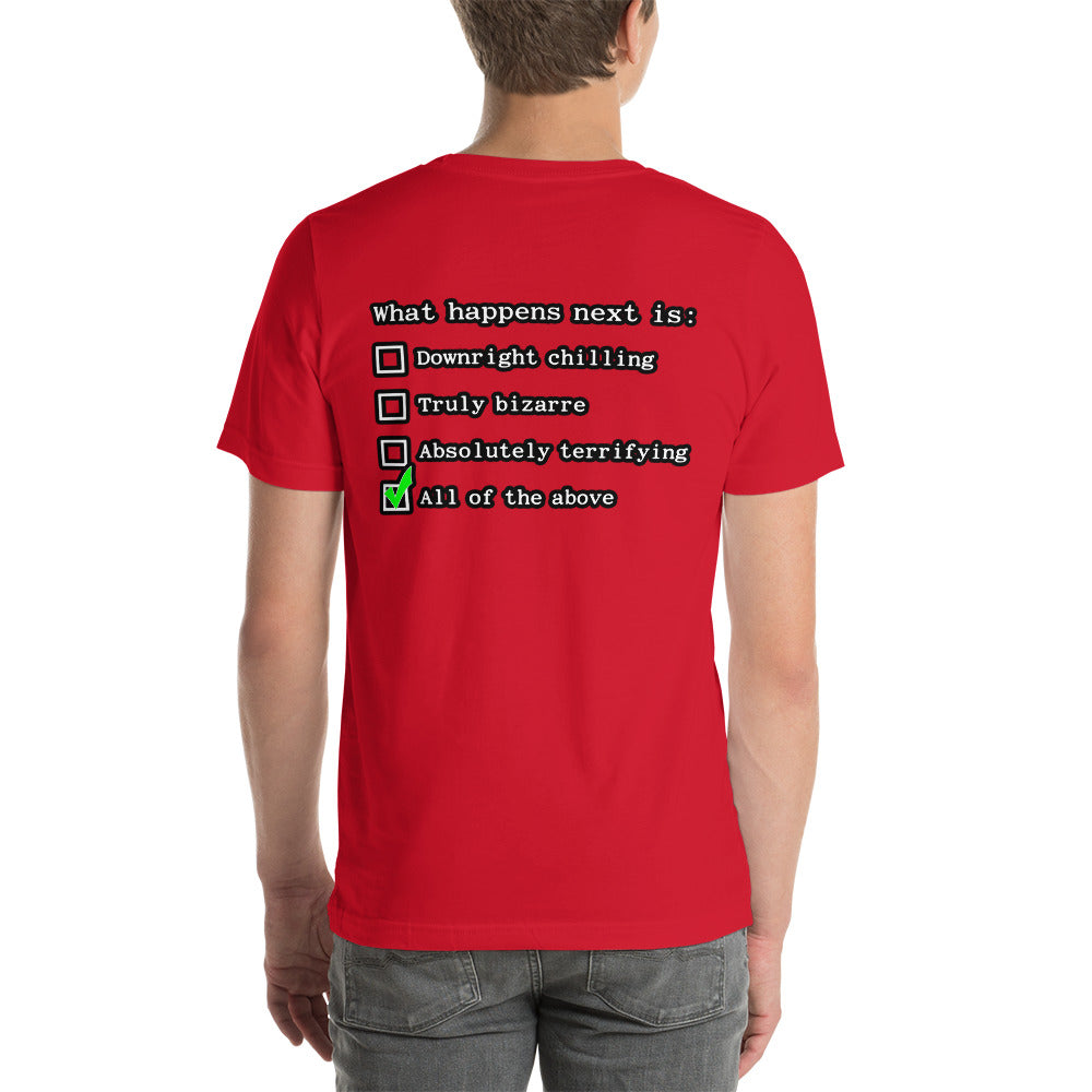 Person wearing red t-shirt with Nuke's Top 5 logo on front and checklist on back