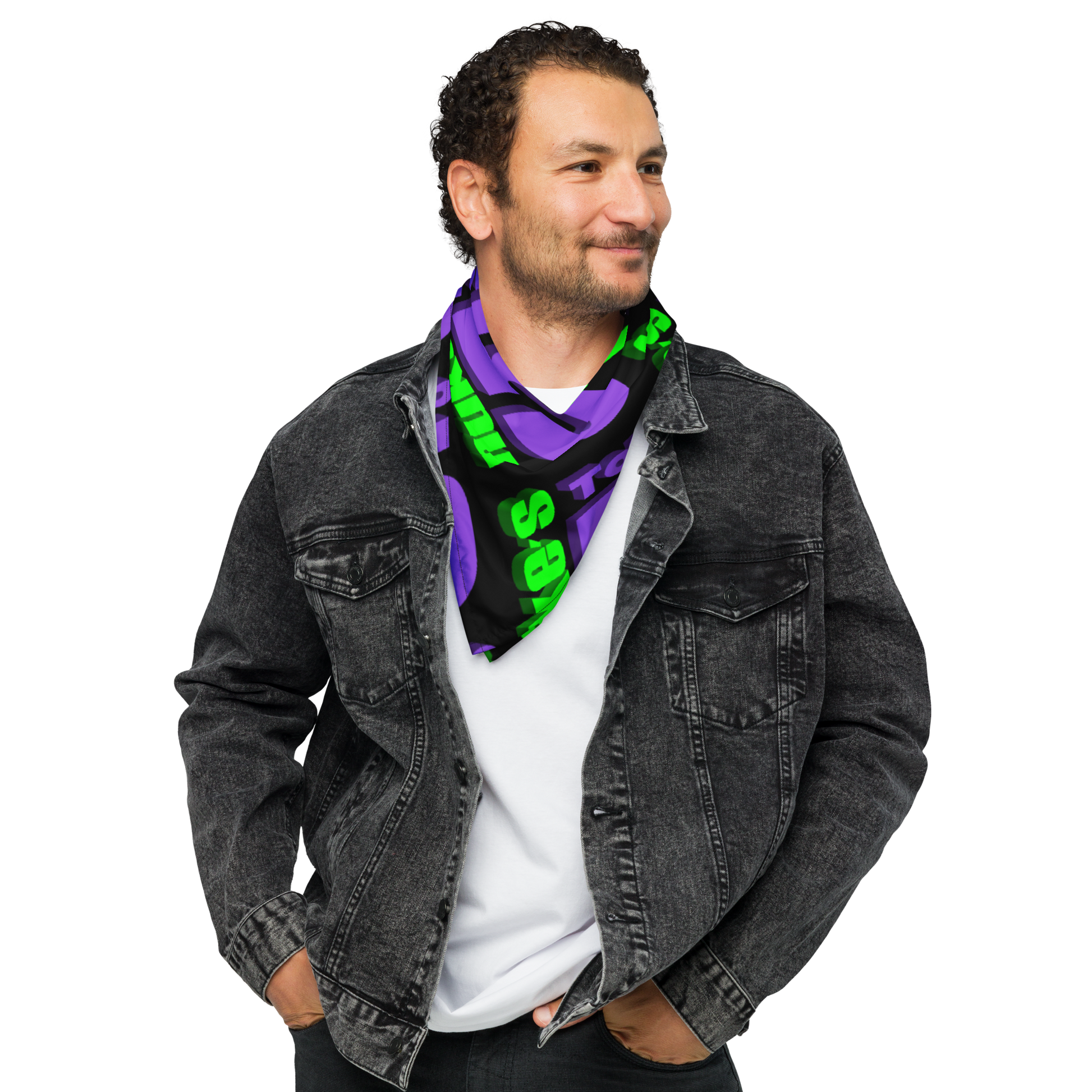 A person wearing a Nuke's Top 5 bandana as a scarf
