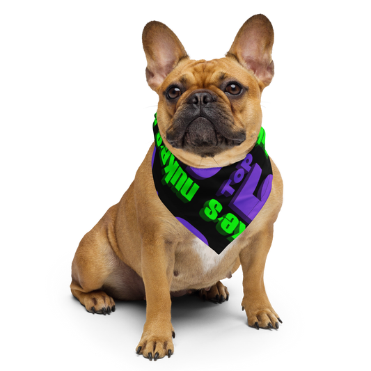 A dog wearing a Nuke's Top 5 logo bandana