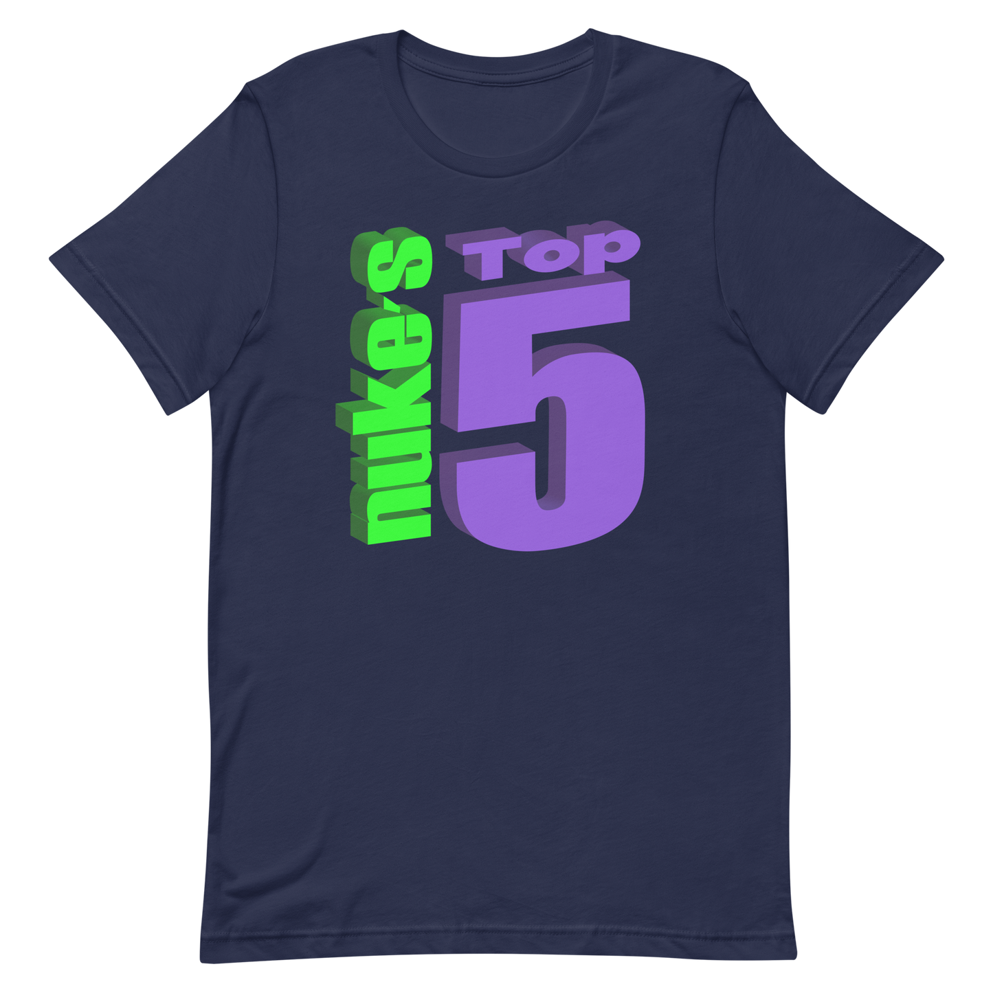 Navy blue  t-shirt with Nuke's Top 5 logo on front and "Did you see it" on the back