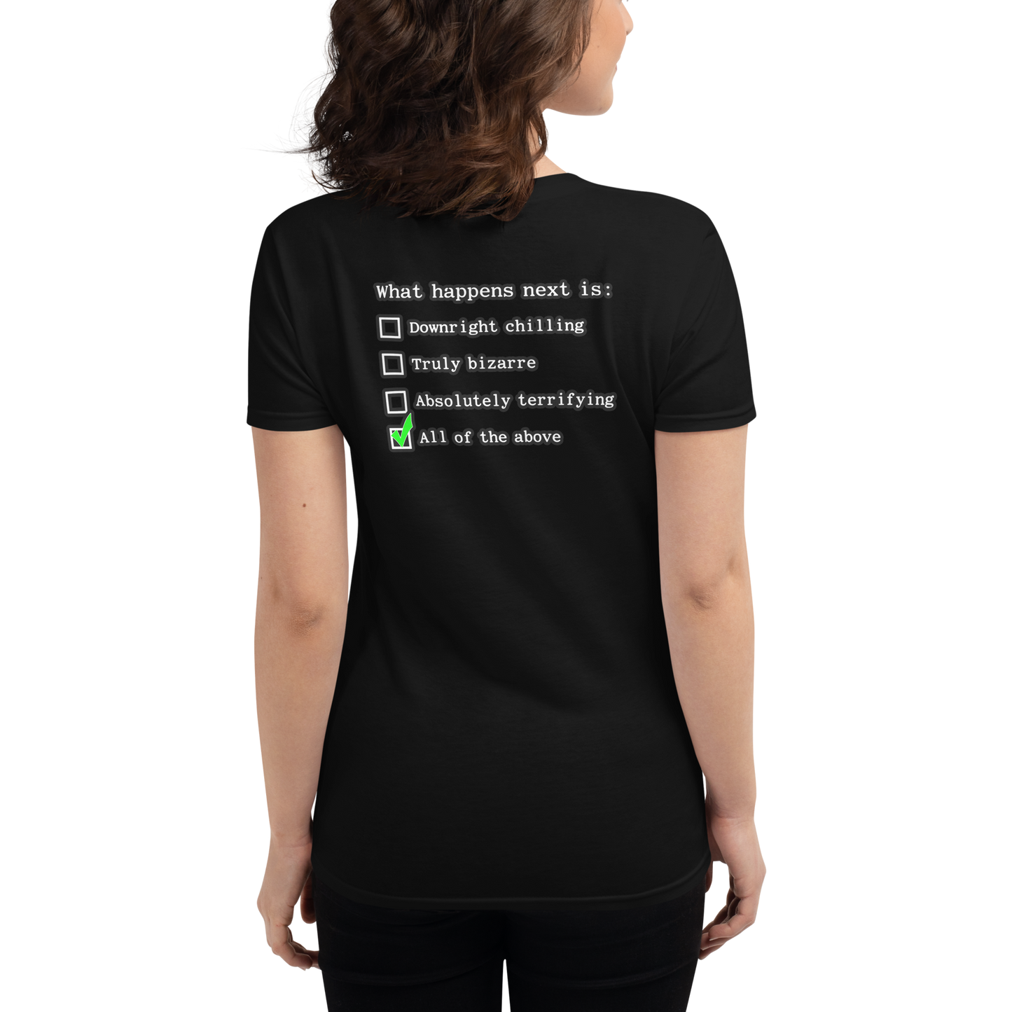 Woman wearing black t-shirt with Nuke's Top 5 logo on front and checklist on back