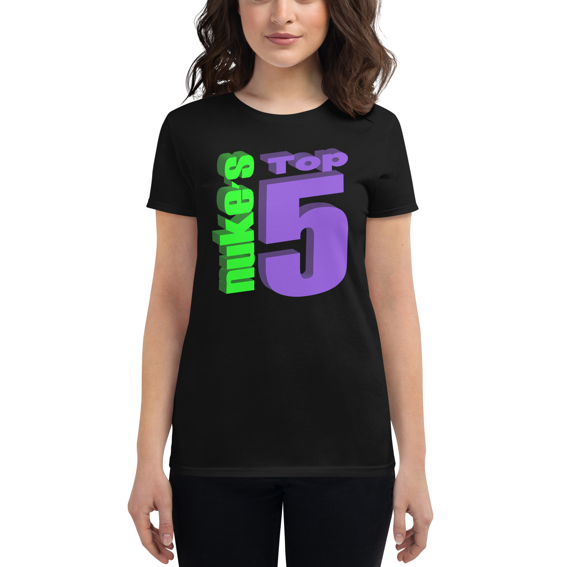 Woman wearing black t-shirt with Nuke's Top 5 logo on front and checklist on back