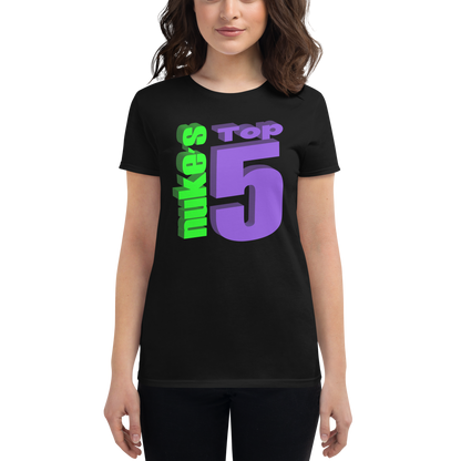 Woman wearing black t-shirt with Nuke's Top 5 logo on front and checklist on back