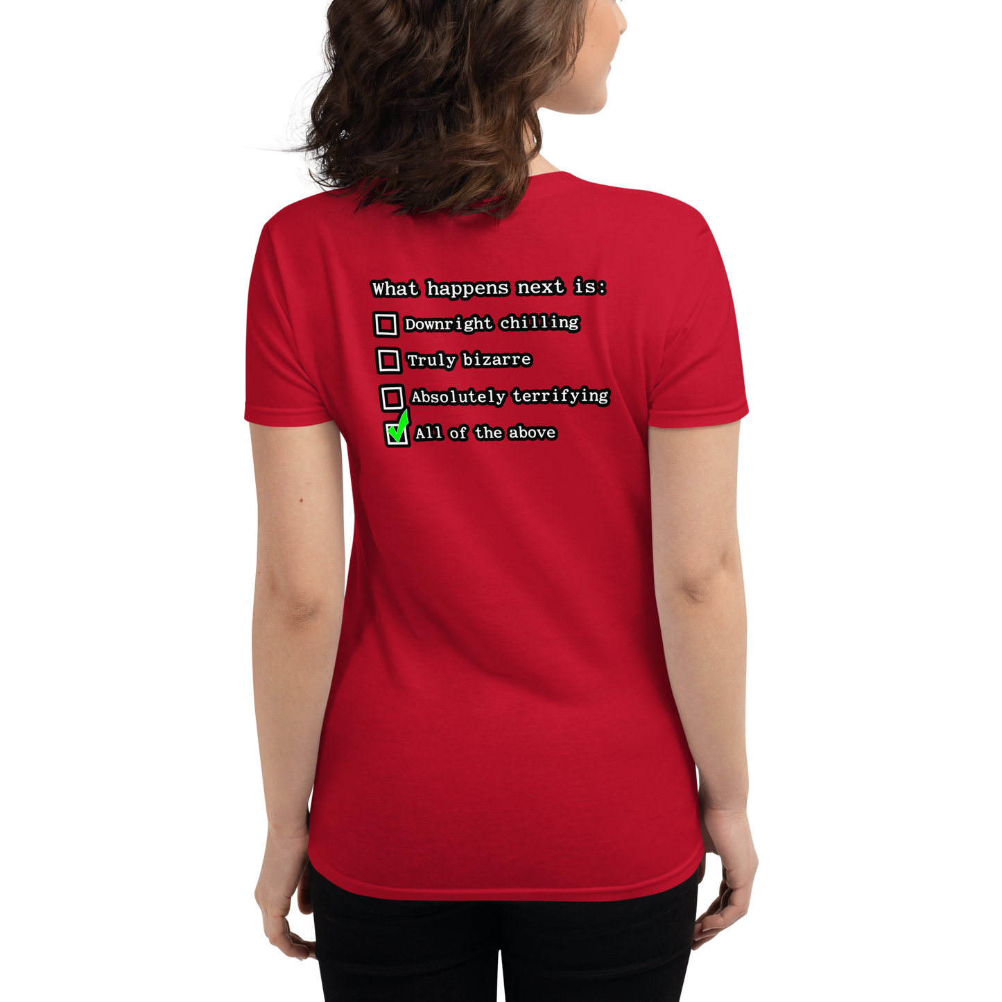 Woman wearing red t-shirt with Nuke's Top 5 logo on front and checklist on back