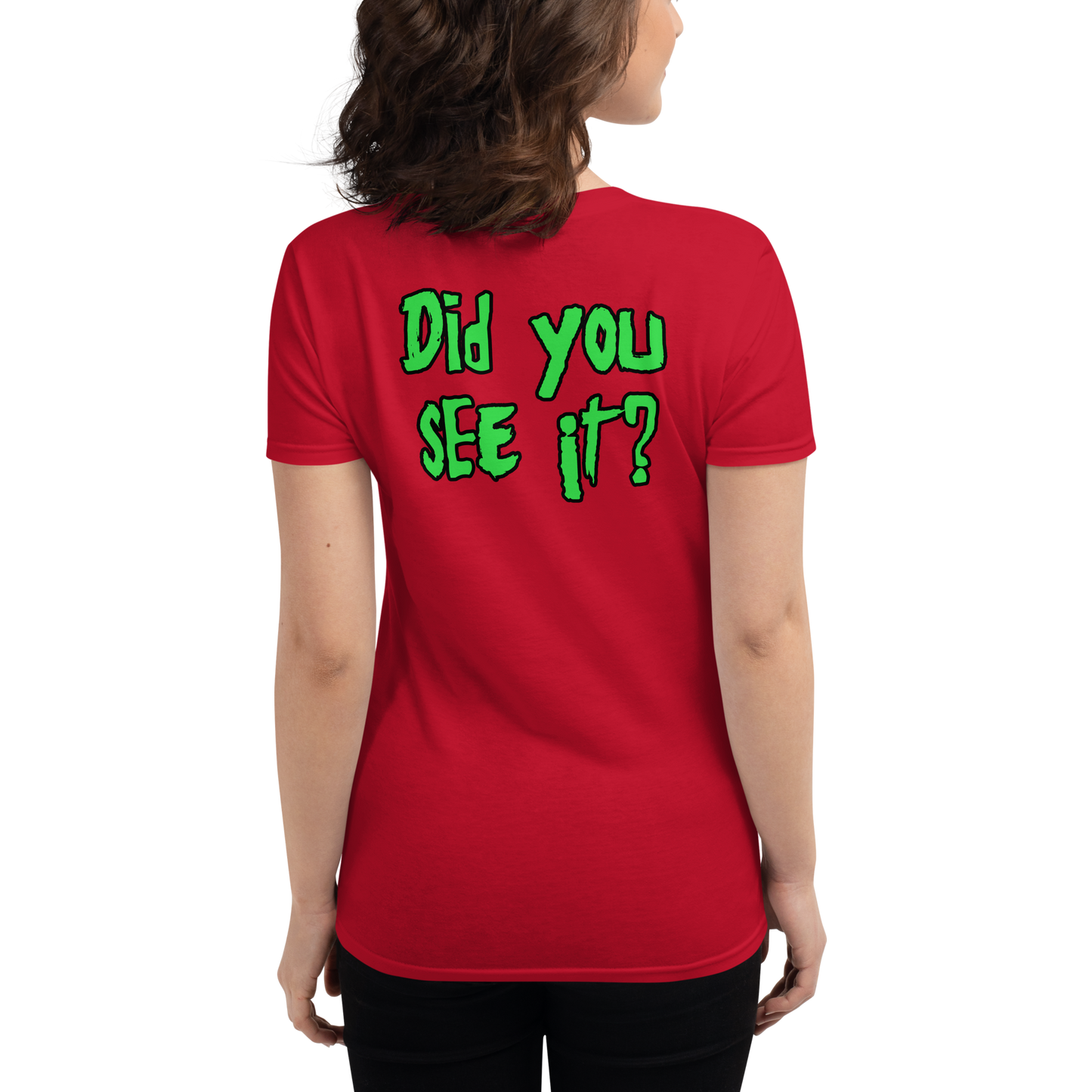 Woman wearing red t-shirt with Nuke's Top 5 logo on front and "Did you see it" on the back