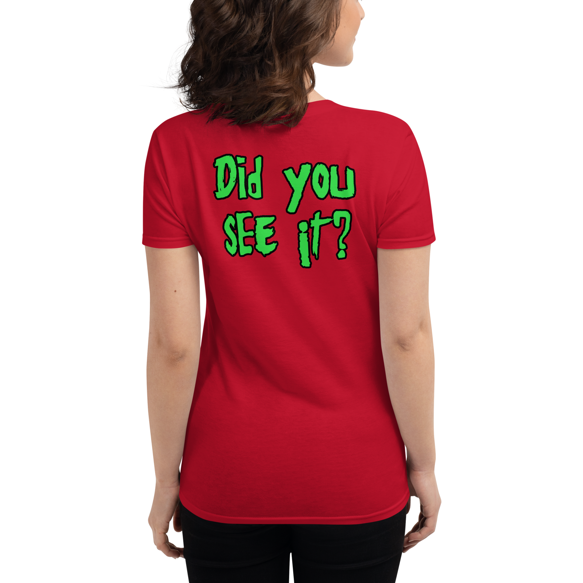 Woman wearing red t-shirt with Nuke's Top 5 logo on front and "Did you see it" on the back