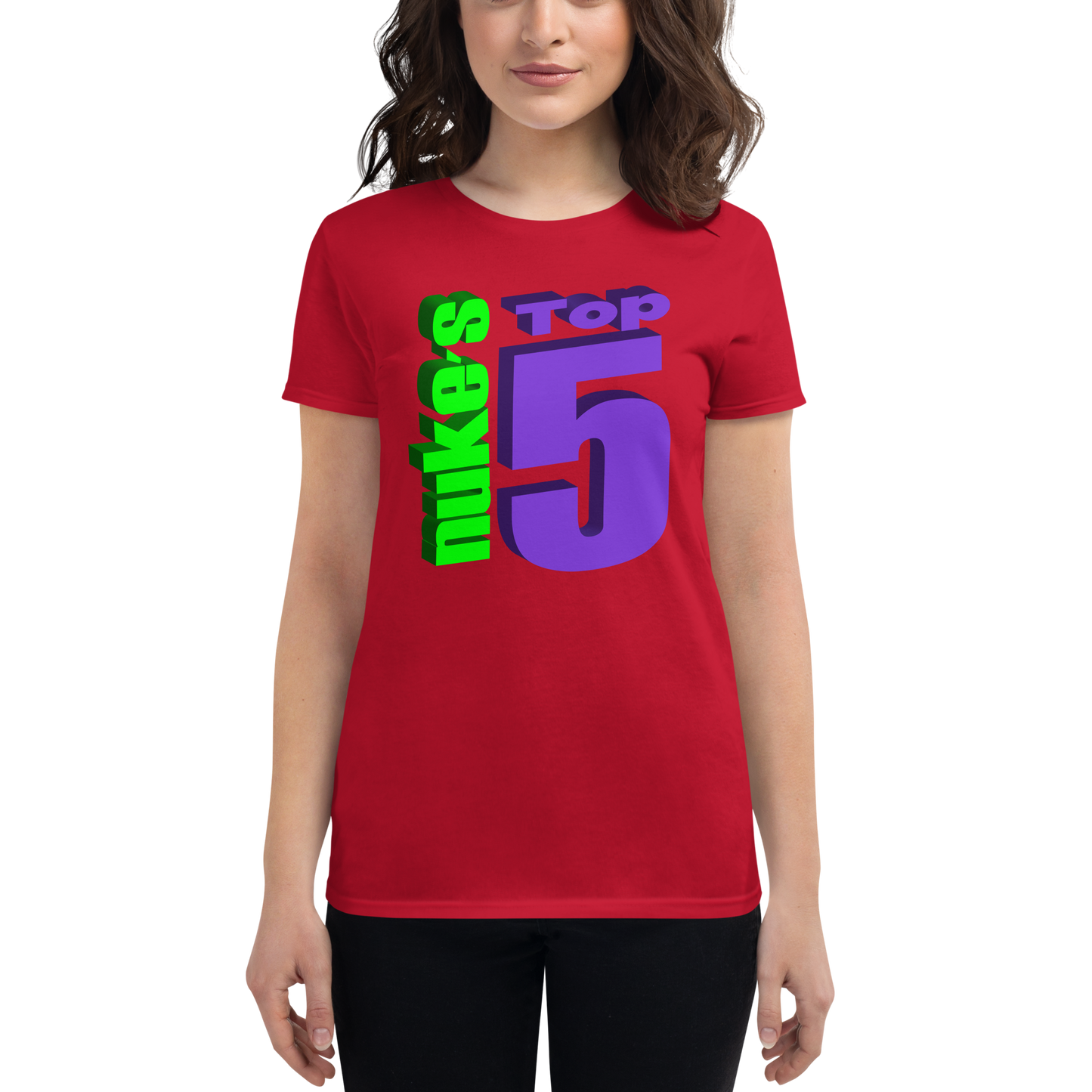 Woman wearing red t-shirt with Nuke's Top 5 logo on front and checklist on back